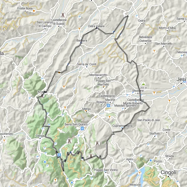 Miniature de la carte de l'inspiration cycliste "Les routes panoramiques de Marche en vélo de route" dans la Marche, Italy. Générée par le planificateur d'itinéraire cycliste Tarmacs.app