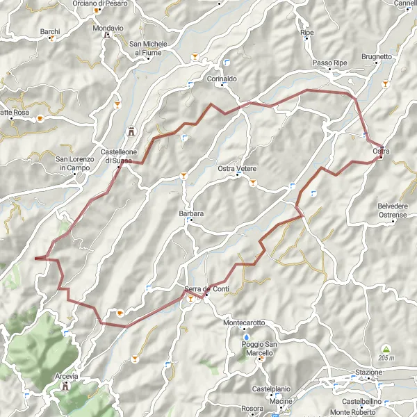 Miniatuurkaart van de fietsinspiratie "Serra de' Conti Gravelroute" in Marche, Italy. Gemaakt door de Tarmacs.app fietsrouteplanner