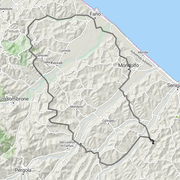 Map miniature of "Legendary Cycling Journey" cycling inspiration in Marche, Italy. Generated by Tarmacs.app cycling route planner