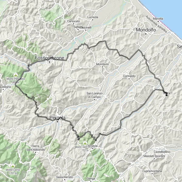 Miniatuurkaart van de fietsinspiratie "Uitdagende Road Bike Avontuur bij Ostra" in Marche, Italy. Gemaakt door de Tarmacs.app fietsrouteplanner