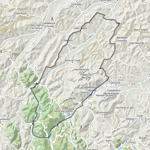 Miniatura della mappa di ispirazione al ciclismo "Avventura in bicicletta da Moie a Ostra Vetere" nella regione di Marche, Italy. Generata da Tarmacs.app, pianificatore di rotte ciclistiche