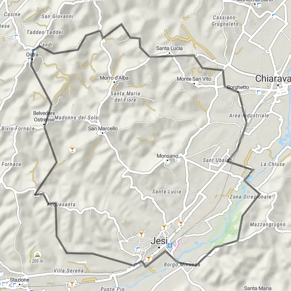 Miniatuurkaart van de fietsinspiratie "Rustieke Route naar Jesi" in Marche, Italy. Gemaakt door de Tarmacs.app fietsrouteplanner