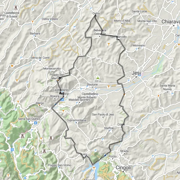 Miniatura della mappa di ispirazione al ciclismo "Belvedere Ostrense - Apiro - Poggio San Marcello - Torre Civica Trail" nella regione di Marche, Italy. Generata da Tarmacs.app, pianificatore di rotte ciclistiche