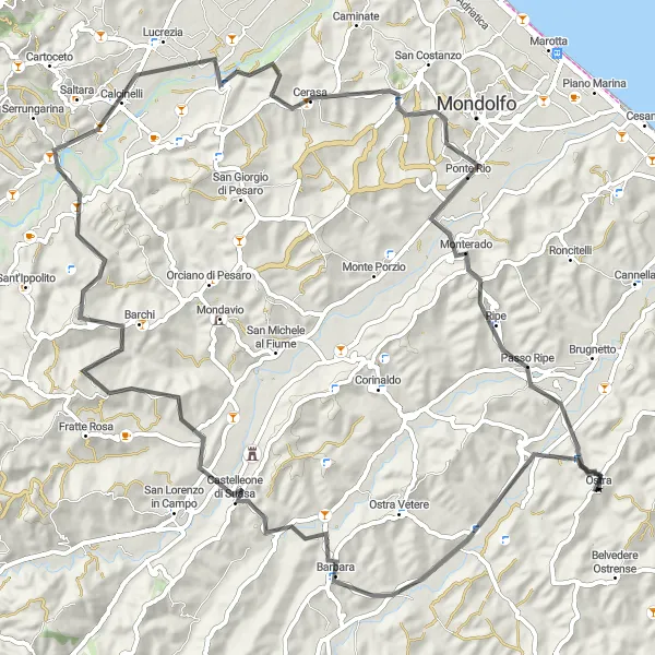 Map miniature of "Scenic Road Ride to Cerasa" cycling inspiration in Marche, Italy. Generated by Tarmacs.app cycling route planner