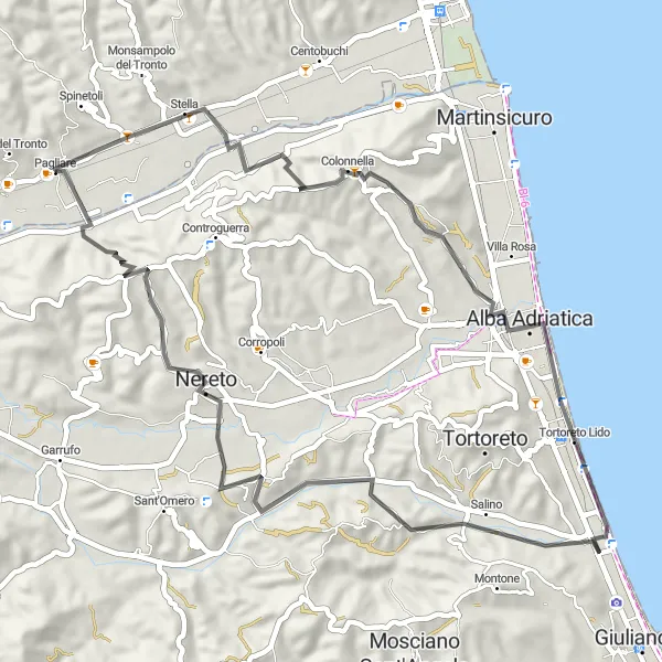 Map miniature of "Pagliare and Coastal Ride" cycling inspiration in Marche, Italy. Generated by Tarmacs.app cycling route planner