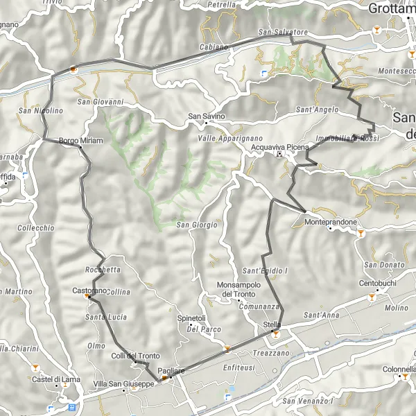 Miniatura della mappa di ispirazione al ciclismo "Giro in bicicletta tra Pagliare e Castorano" nella regione di Marche, Italy. Generata da Tarmacs.app, pianificatore di rotte ciclistiche