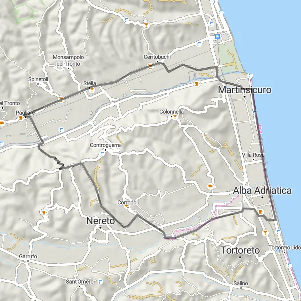 Miniatura della mappa di ispirazione al ciclismo "Percorso in bicicletta da Martinsicuro a Pagliare" nella regione di Marche, Italy. Generata da Tarmacs.app, pianificatore di rotte ciclistiche