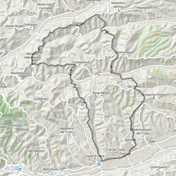 Miniature de la carte de l'inspiration cycliste "Balade à travers les villages médiévaux des Marches" dans la Marche, Italy. Générée par le planificateur d'itinéraire cycliste Tarmacs.app