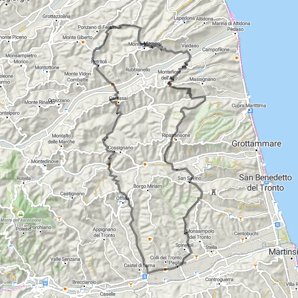 Miniatuurkaart van de fietsinspiratie "Van Pagliare door Offida en Montefiore dell'Aso" in Marche, Italy. Gemaakt door de Tarmacs.app fietsrouteplanner