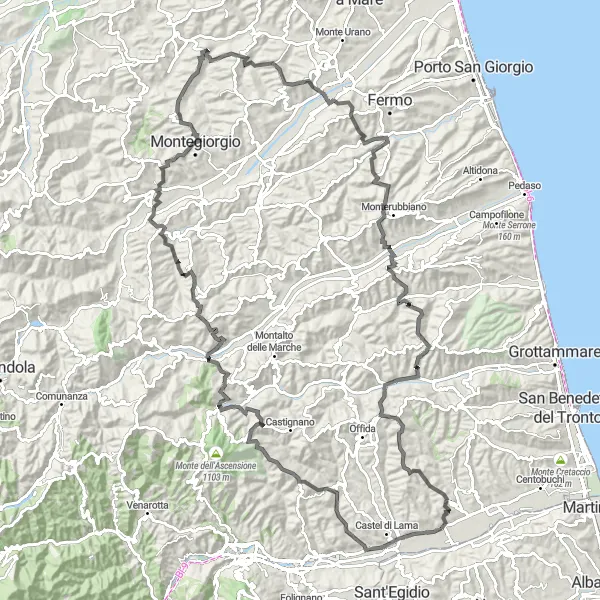 Miniatuurkaart van de fietsinspiratie "Hoogteverschillen van Pagliare" in Marche, Italy. Gemaakt door de Tarmacs.app fietsrouteplanner