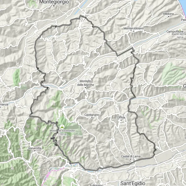 Karten-Miniaturansicht der Radinspiration "Herausfordernde Strecke nach Monte Giberto" in Marche, Italy. Erstellt vom Tarmacs.app-Routenplaner für Radtouren