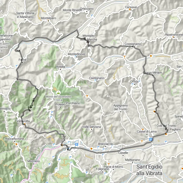 Miniature de la carte de l'inspiration cycliste "Les sentiers escarpés" dans la Marche, Italy. Générée par le planificateur d'itinéraire cycliste Tarmacs.app