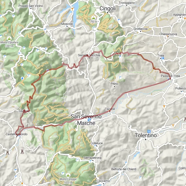 Miniatura della mappa di ispirazione al ciclismo "Giro in bici su sterrato tra Passo di Treia e Gagliole" nella regione di Marche, Italy. Generata da Tarmacs.app, pianificatore di rotte ciclistiche