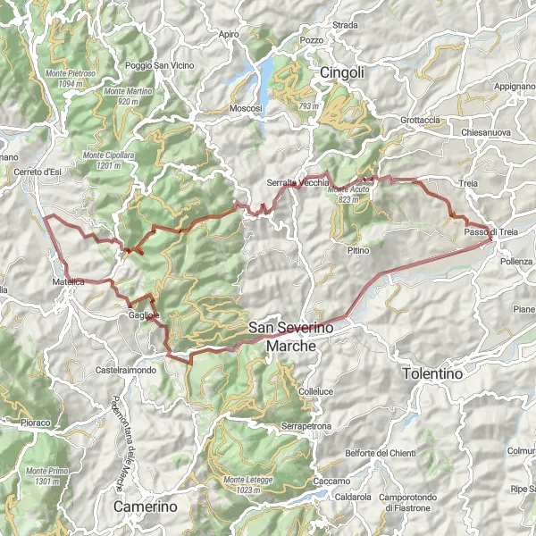 Miniature de la carte de l'inspiration cycliste "Aventure gravel en Marche" dans la Marche, Italy. Générée par le planificateur d'itinéraire cycliste Tarmacs.app