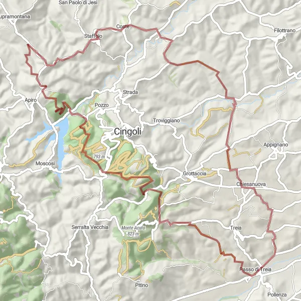 Miniatuurkaart van de fietsinspiratie "Cima Mastro Luca en Passo di Treia" in Marche, Italy. Gemaakt door de Tarmacs.app fietsrouteplanner