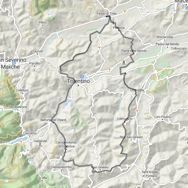 Map miniature of "Road Passo di Treia Excursion" cycling inspiration in Marche, Italy. Generated by Tarmacs.app cycling route planner