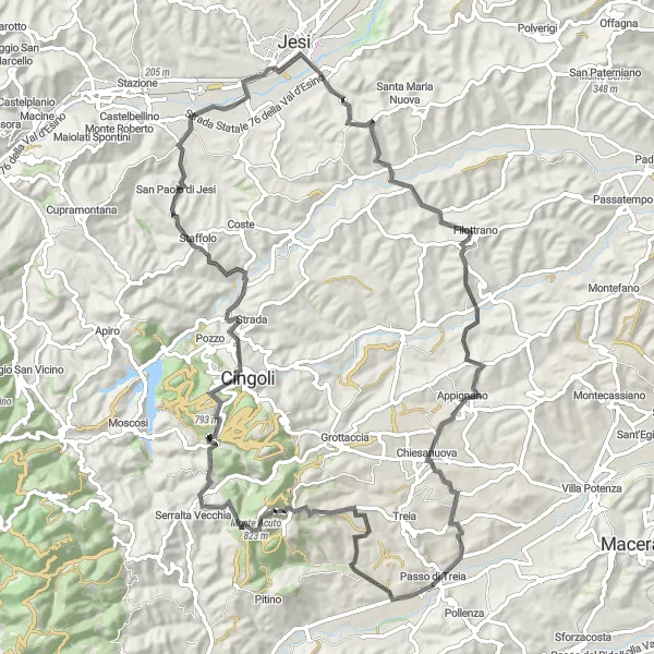 Karten-Miniaturansicht der Radinspiration "Panoramische Straßenrunde um Passo di Treia" in Marche, Italy. Erstellt vom Tarmacs.app-Routenplaner für Radtouren