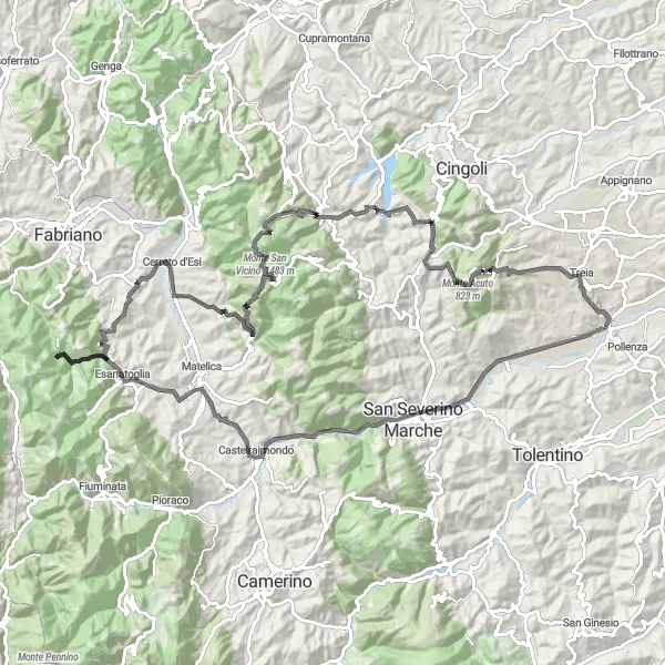 Miniatuurkaart van de fietsinspiratie "Extreme Fietsavontuur rond Passo di Treia" in Marche, Italy. Gemaakt door de Tarmacs.app fietsrouteplanner