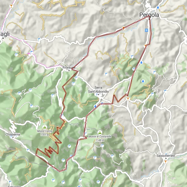 Miniatura mapy "Trasa Pergola - Serra Sant'Abbondio - Monte Calvello - Isola Fossara - Monte Forcello - Corno di Catria - Le Comunelle - Frontone" - trasy rowerowej w Marche, Italy. Wygenerowane przez planer tras rowerowych Tarmacs.app