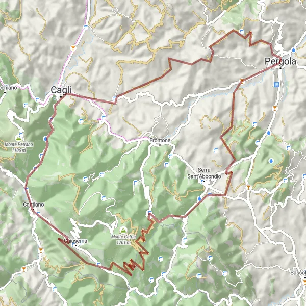 Miniature de la carte de l'inspiration cycliste "Exploration des sommets de Monte Calvello et Corno di Catria" dans la Marche, Italy. Générée par le planificateur d'itinéraire cycliste Tarmacs.app