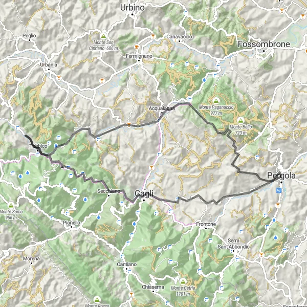Miniature de la carte de l'inspiration cycliste "Les collines de Marche: Pergola et les environs" dans la Marche, Italy. Générée par le planificateur d'itinéraire cycliste Tarmacs.app
