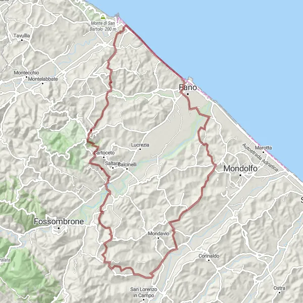 Miniatura della mappa di ispirazione al ciclismo "Esplorazione in gravel tra Fano e Monte S. Giovanni" nella regione di Marche, Italy. Generata da Tarmacs.app, pianificatore di rotte ciclistiche