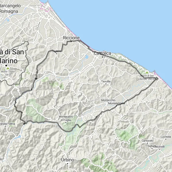 Map miniature of "Montelabbate - Mercatino Conca Loop" cycling inspiration in Marche, Italy. Generated by Tarmacs.app cycling route planner