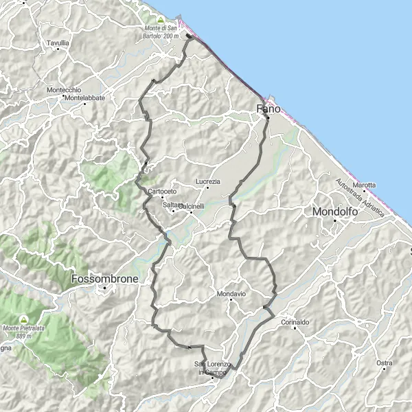 Miniatuurkaart van de fietsinspiratie "Uitdagende Road Cycling Rondrit" in Marche, Italy. Gemaakt door de Tarmacs.app fietsrouteplanner