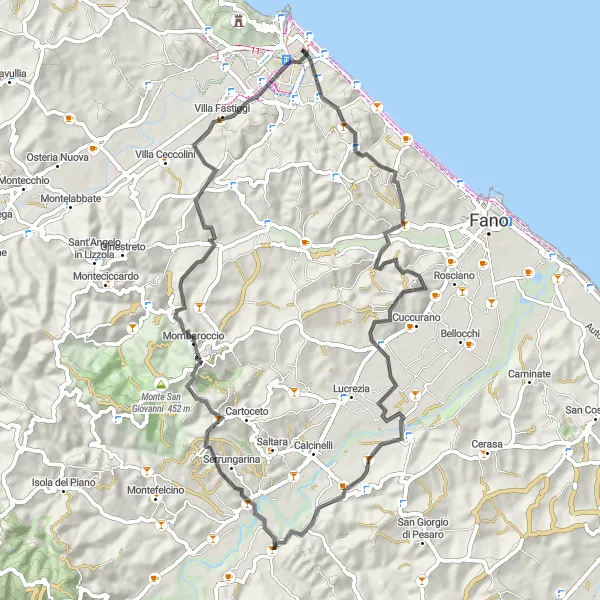 Miniatura della mappa di ispirazione al ciclismo "Ciclovia delle colline marchigiane" nella regione di Marche, Italy. Generata da Tarmacs.app, pianificatore di rotte ciclistiche