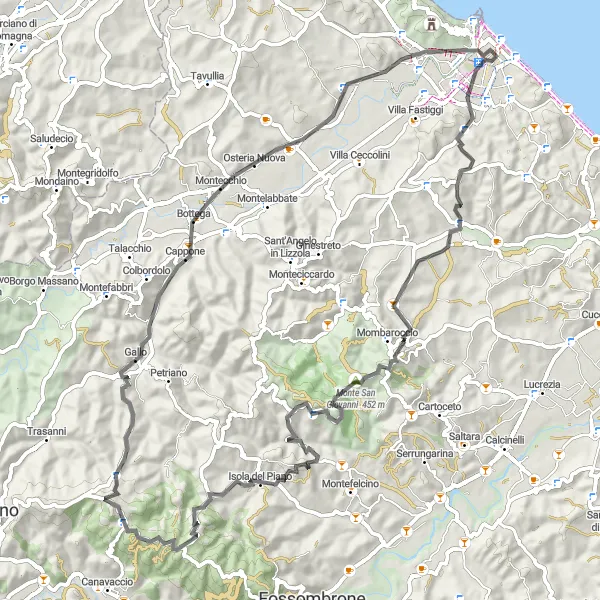 Miniature de la carte de l'inspiration cycliste "Le Tour de Pesaro à Monte della Badia" dans la Marche, Italy. Générée par le planificateur d'itinéraire cycliste Tarmacs.app