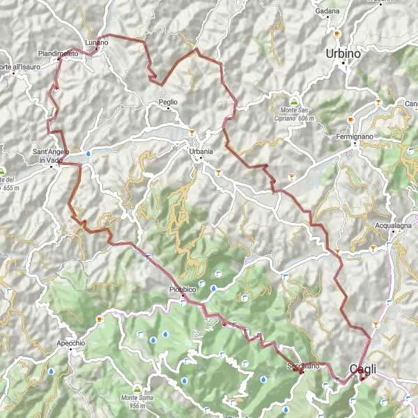Map miniature of "Piandimeleto Gravel Adventure" cycling inspiration in Marche, Italy. Generated by Tarmacs.app cycling route planner