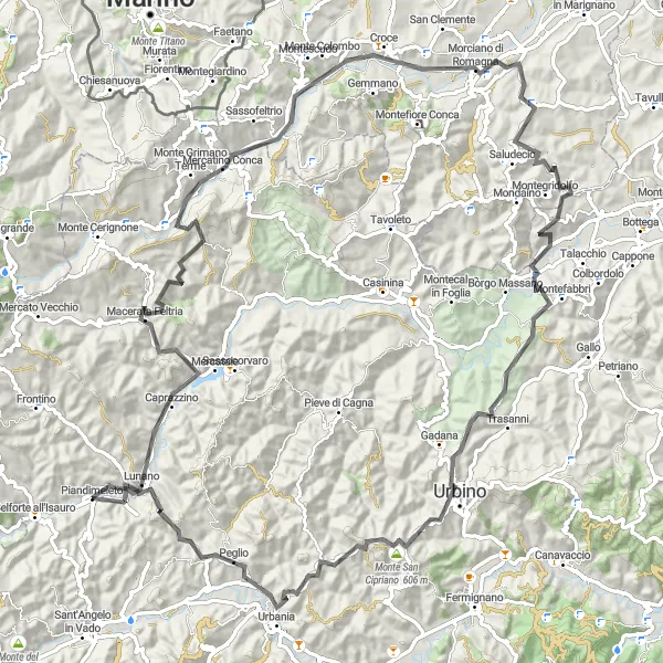 Map miniature of "Urbino and Montefeltro Exploration" cycling inspiration in Marche, Italy. Generated by Tarmacs.app cycling route planner