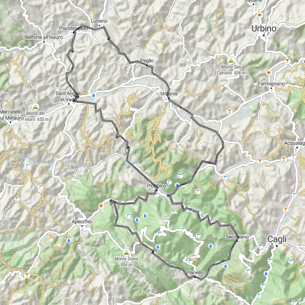 Miniatura della mappa di ispirazione al ciclismo "Tour panoramico tra Lunano e Piobbico" nella regione di Marche, Italy. Generata da Tarmacs.app, pianificatore di rotte ciclistiche
