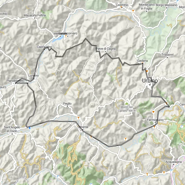 Miniatura della mappa di ispirazione al ciclismo "Giro tra Lunano e Urbania" nella regione di Marche, Italy. Generata da Tarmacs.app, pianificatore di rotte ciclistiche