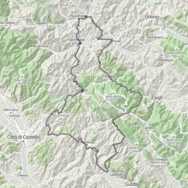Miniature de la carte de l'inspiration cycliste "Escapade panoramique autour de Piandimeleto" dans la Marche, Italy. Générée par le planificateur d'itinéraire cycliste Tarmacs.app