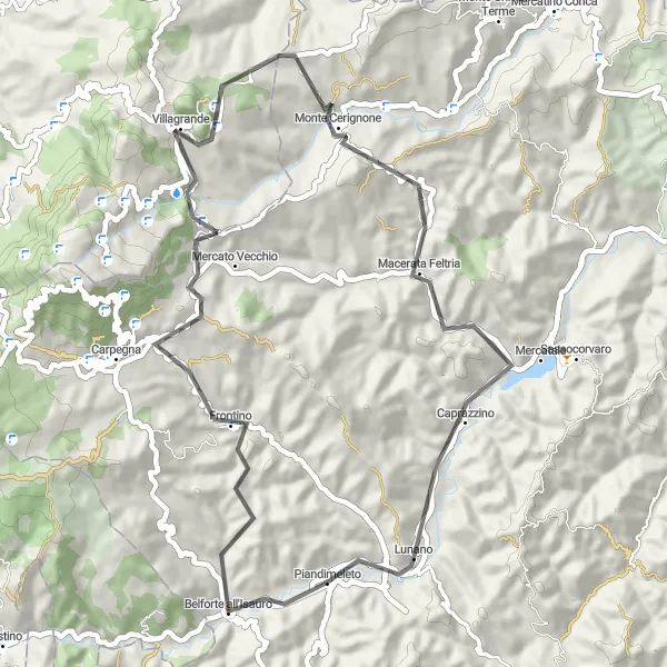 Miniature de la carte de l'inspiration cycliste "Parcours pittoresque près de Belforte all'Isauro" dans la Marche, Italy. Générée par le planificateur d'itinéraire cycliste Tarmacs.app