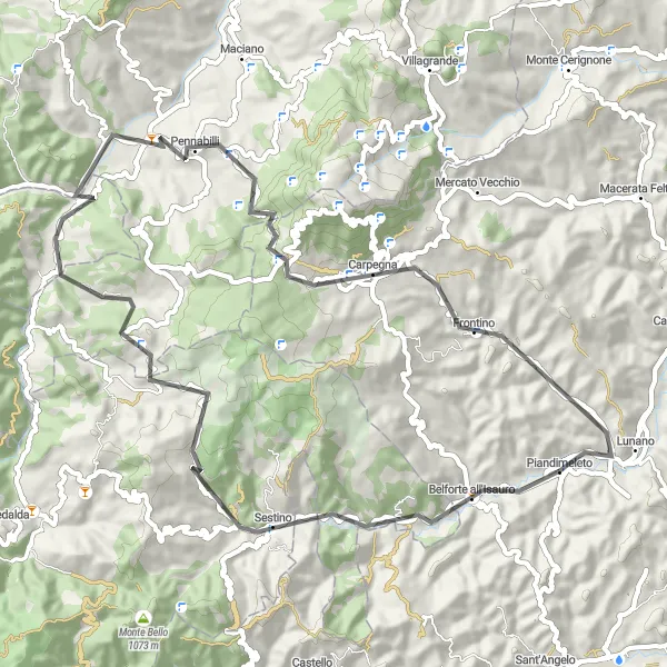 Map miniature of "The Hills of Carpegna" cycling inspiration in Marche, Italy. Generated by Tarmacs.app cycling route planner