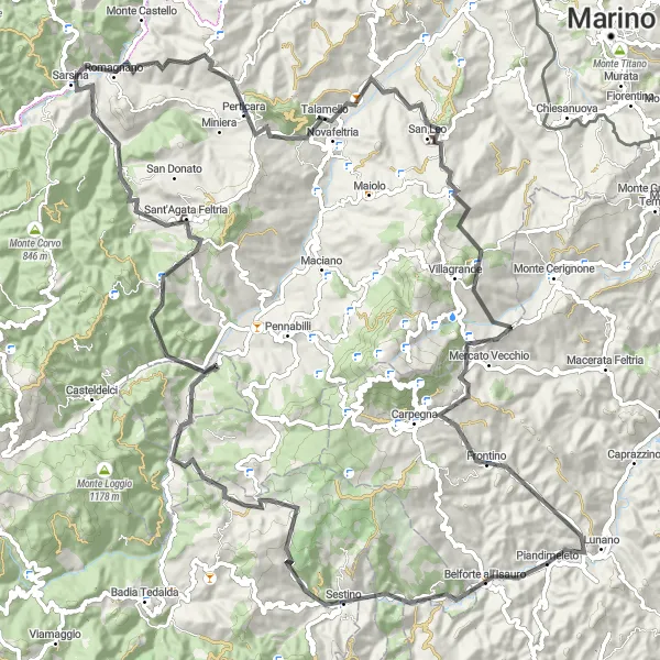 Miniatura della mappa di ispirazione al ciclismo "Ciclabile da Piandimeleto a San Leo" nella regione di Marche, Italy. Generata da Tarmacs.app, pianificatore di rotte ciclistiche
