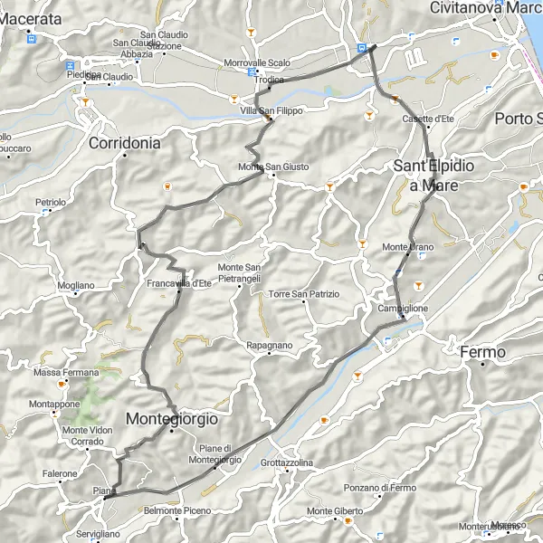 Miniatuurkaart van de fietsinspiratie "Verken de schilderachtige omgeving van Piane" in Marche, Italy. Gemaakt door de Tarmacs.app fietsrouteplanner