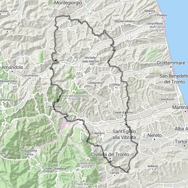 Map miniature of "The Marche Panoramica" cycling inspiration in Marche, Italy. Generated by Tarmacs.app cycling route planner