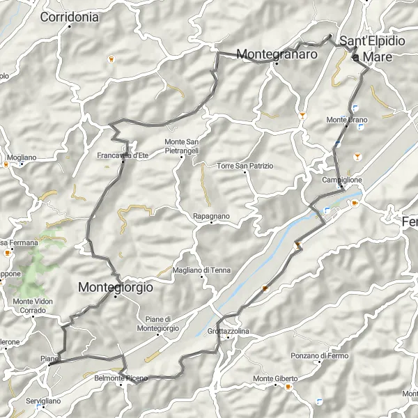 Miniatura della mappa di ispirazione al ciclismo "Giro in bicicletta da Piane a Francavilla d'Ete e Monte Urano" nella regione di Marche, Italy. Generata da Tarmacs.app, pianificatore di rotte ciclistiche