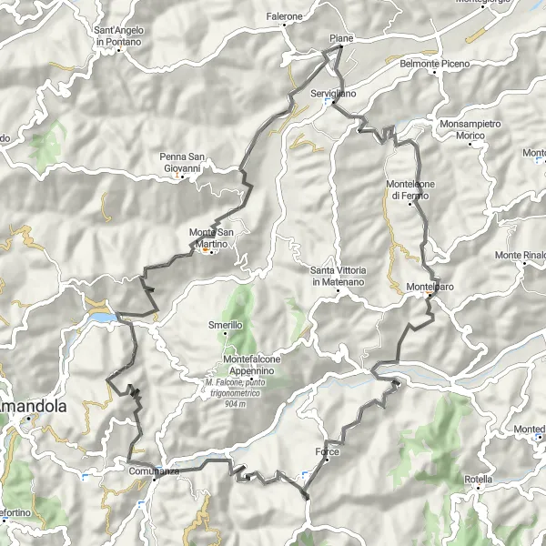 Miniatura della mappa di ispirazione al ciclismo "Giro in bicicletta attraverso Monte la Torre" nella regione di Marche, Italy. Generata da Tarmacs.app, pianificatore di rotte ciclistiche