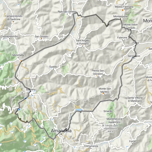 Map miniature of "Sarnano Grand Loop" cycling inspiration in Marche, Italy. Generated by Tarmacs.app cycling route planner