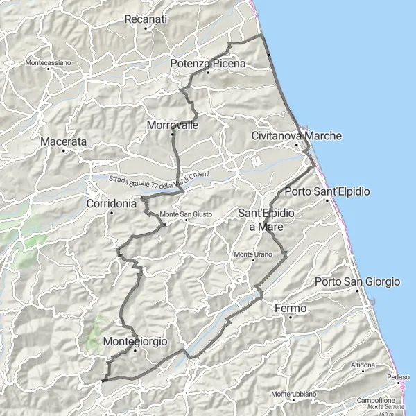 Map miniature of "The Coastal Escape" cycling inspiration in Marche, Italy. Generated by Tarmacs.app cycling route planner