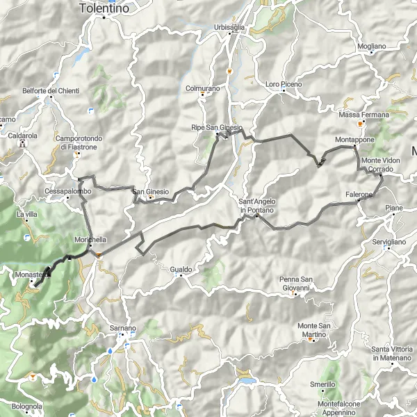 Miniatura della mappa di ispirazione al ciclismo "Brevetto cicloturistico intorno a Sant'Angelo in Pontano" nella regione di Marche, Italy. Generata da Tarmacs.app, pianificatore di rotte ciclistiche