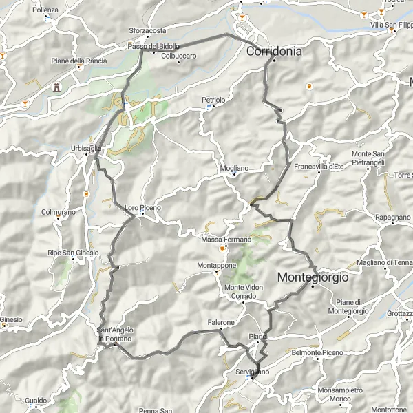 Miniatuurkaart van de fietsinspiratie "Verken Sant'Angelo in Pontano, Urbis Salvia, Corridonia en Montegiorgio" in Marche, Italy. Gemaakt door de Tarmacs.app fietsrouteplanner