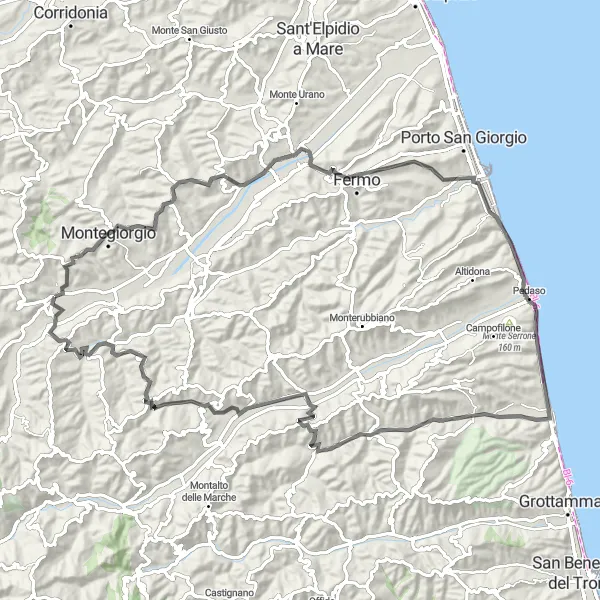 Miniature de la carte de l'inspiration cycliste "Tour de la côte adriatique" dans la Marche, Italy. Générée par le planificateur d'itinéraire cycliste Tarmacs.app