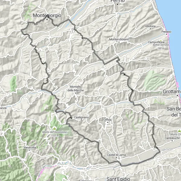 Miniatuurkaart van de fietsinspiratie "Historisch en pittoresk Marche fietsavontuur" in Marche, Italy. Gemaakt door de Tarmacs.app fietsrouteplanner