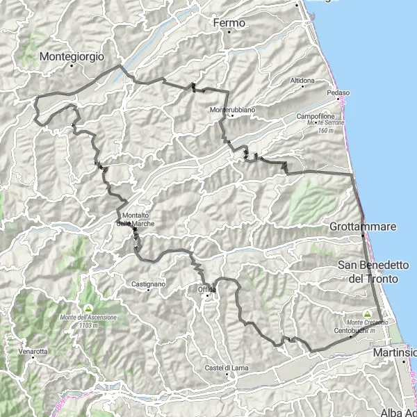 Miniatura della mappa di ispirazione al ciclismo "Avventuroso giro in bicicletta su strada in collina" nella regione di Marche, Italy. Generata da Tarmacs.app, pianificatore di rotte ciclistiche