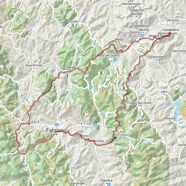 Miniatura della mappa di ispirazione al ciclismo "Dalla Val di Salvarone alla Terra del Verdicchio" nella regione di Marche, Italy. Generata da Tarmacs.app, pianificatore di rotte ciclistiche